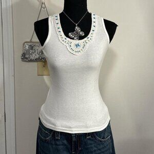 Xhilration White and blue beaded tank top